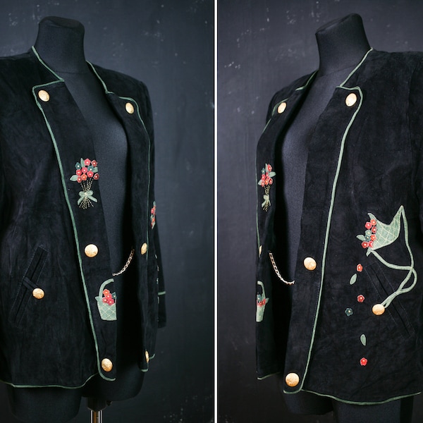 Giorgio Mobiani BLAZER black green red leather suede basket bow flower embroidered patchwork gold chain posh rare unique fashion designer L