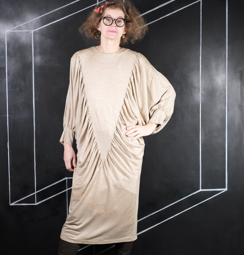 90s Sixth Sense DRESS party bat triangle beige unique date romantic puff fashion design pub oversize unusual jersey flattering speckle L