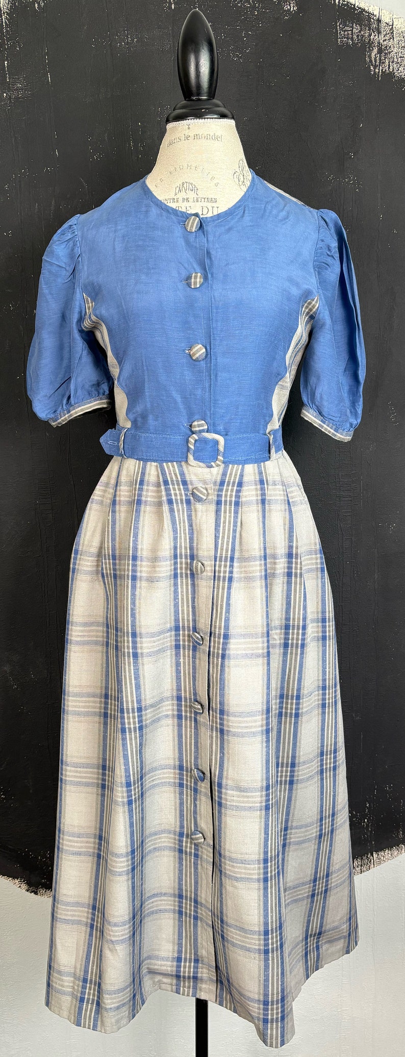 May include: A blue and white plaid dress with a blue bodice and a white and blue plaid skirt. The dress has a button-up front and a belt.