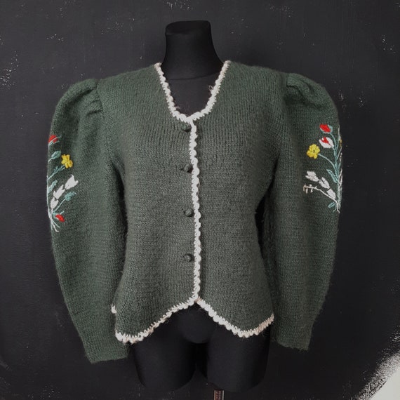 90s embroidered Dirndl knitted green wool CARDIGA… - image 1