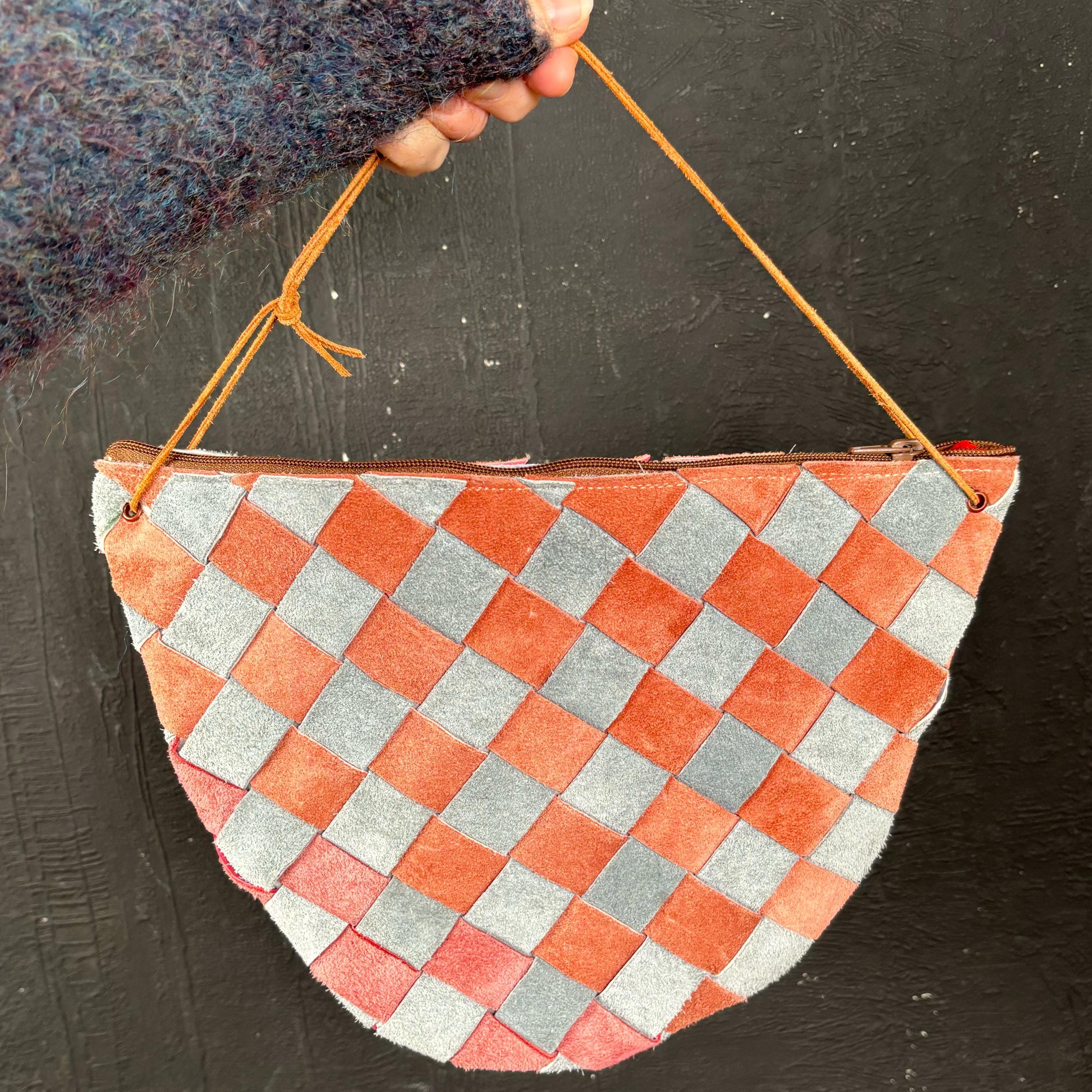 70s red blue pleated seventies boho BAG handbag leather hippie festival unusual retro French France summer