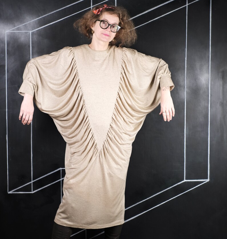 90s Sixth Sense DRESS party bat triangle beige unique date romantic puff fashion design pub oversize unusual jersey flattering speckle L