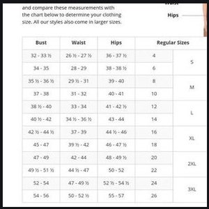 May include: A chart showing bust, waist, and hip measurements in inches, along with corresponding clothing sizes from 4 to 26. The chart also includes the corresponding size labels: S, M, L, XL, 2XL, and 3XL.