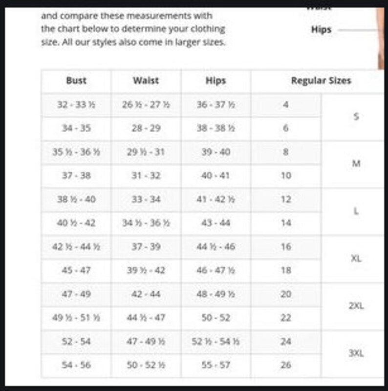 May include: A chart showing bust, waist, and hip measurements in inches, along with corresponding clothing sizes from 4 to 26. The chart also includes the corresponding size labels: S, M, L, XL, 2XL, and 3XL.