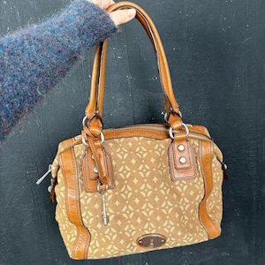 vintage Fossil cartable clé monogramme cuir tissu marron sac bohème romantique classique britannique
