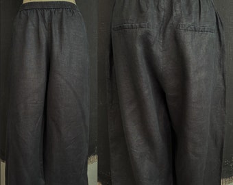 Vintage lino negro Francia PANTS pantalones minimalismo minimalista francés boho verano moda viaje romántico clásico XL