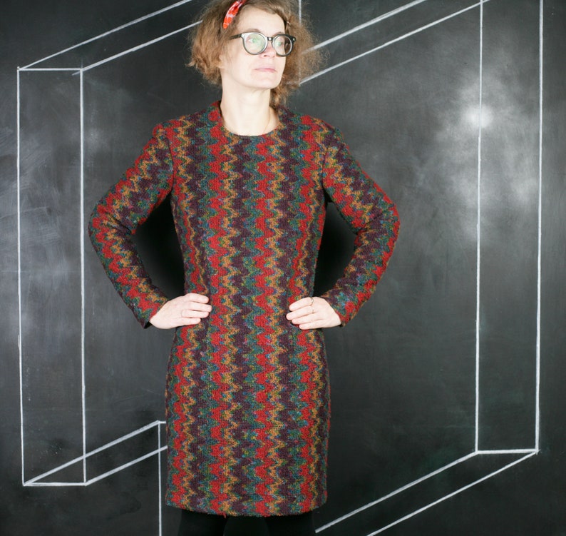 Boucle ikat DRESS warm print blue red brown thick warm winter autumn office formal romantic classic French zig zag handmade fashion S