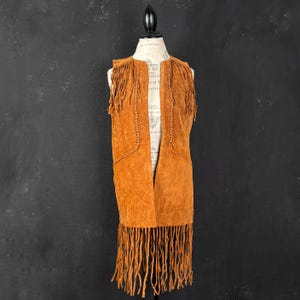 00s brown suede leather fringe Western cowboy style VEST boho fringy hippie festival fun long romantic S