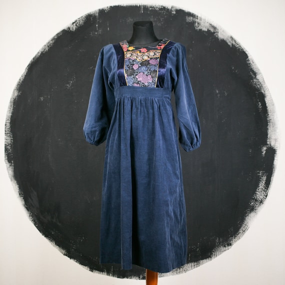 70s prairie DRESS blue purple red flower corduroy 