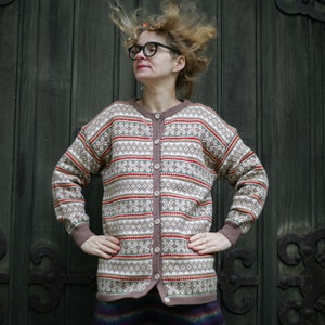 Norway CARDIGAN brown red green stripe wool knitted Christmas ugly ski Scandinavian Norwegian warm rare oldschool retro hipster unisex XLL