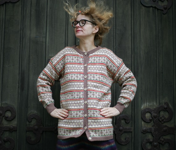 Norway CARDIGAN Brown Red Green Stripe Wool Knitted Christmas Ugly