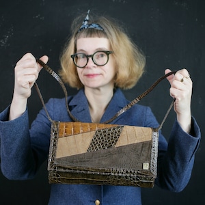 80s leather patchwork BAG brown patent croco reptile alligator brand fashion designer vintage retro fancy purse small Scandinavian suede
