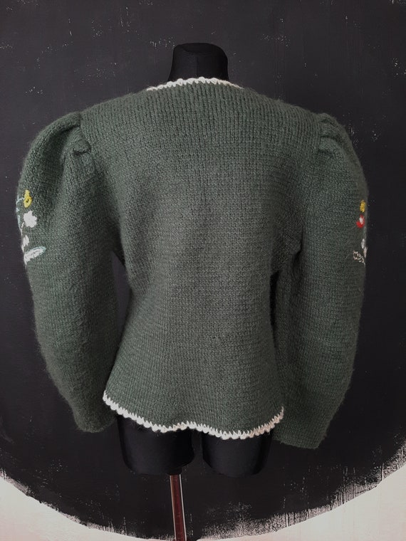 90s embroidered Dirndl knitted green wool CARDIGA… - image 4