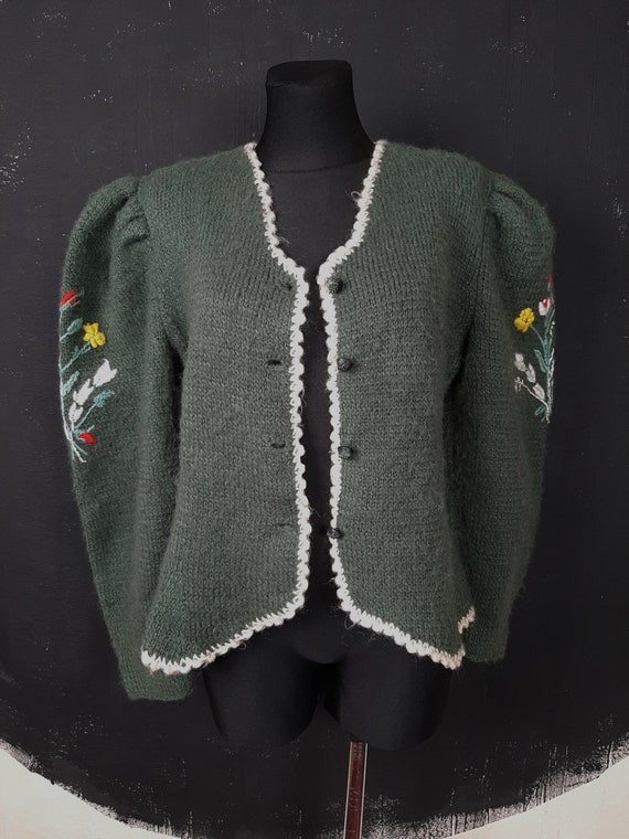 90s embroidered Dirndl knitted green wool CARDIGA… - image 3