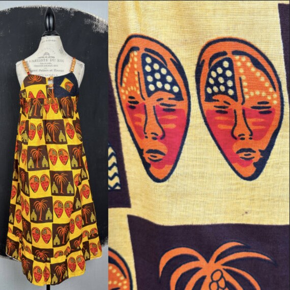 Vintage 90s African Wax Print Dress: Masque & Palm Tree Motif - L
