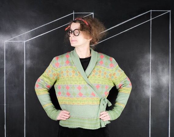 90s Blue Lime CARDIGAN Purple Square Boho Style Bohemian Warm