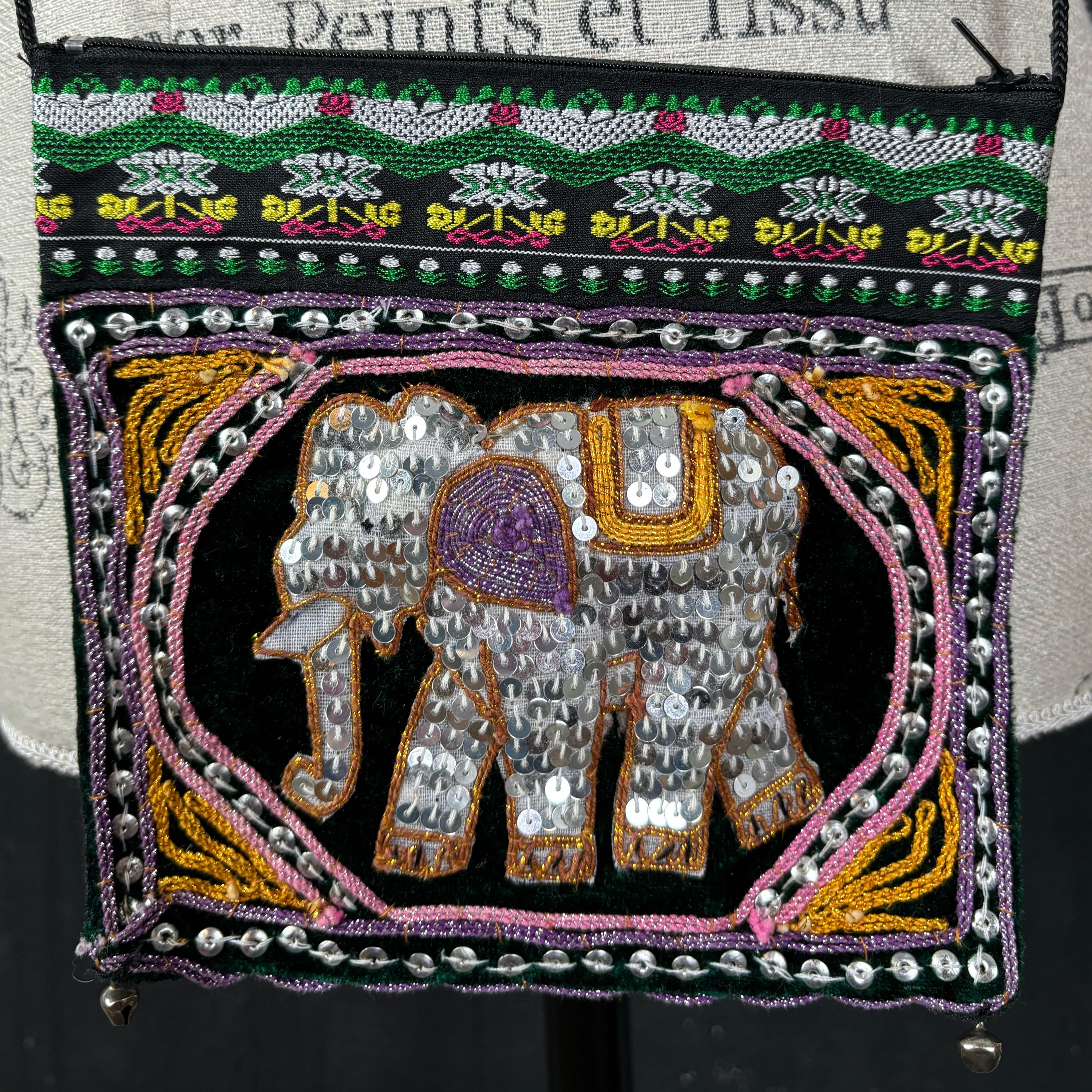 Beaded Embroidered Elephant Animal Sequins Black BAG Coin