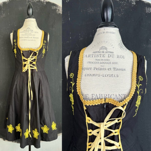 Vintage black daffodil flower embroidered yellow Dirndl DRESS pinafore Octoberfest Alpen cottagecore festival 46 L