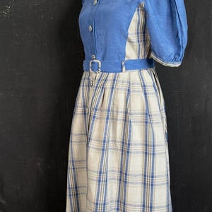 90s Blue Plaid Dirndl Dress: Bavarian Octoberfest Style with Belt, Size S image 1
