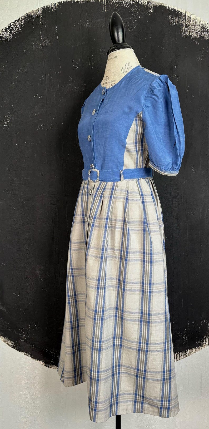 90s Blue Plaid Dirndl Dress: Bavarian Octoberfest Style with Belt, Size S image 1