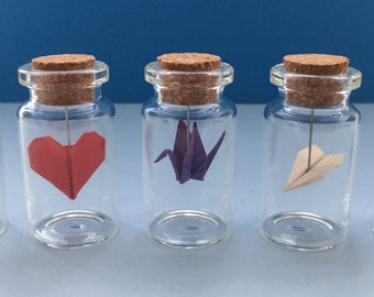Mini Origami in a Bottle / Jar - Crane, Heart, Plane, Boat, Butterfly, Christmas Tree, Star Charm / Miniature origami crafts