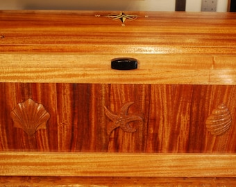 Masterpiece Mahogany Sea Chest, Sailor's' chest, Blanket chest inlayed compass rose, dolphin, carved sea shells