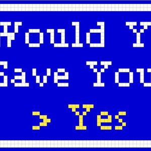 Op de afbeelding: Een blauw scherm met witte tekst die "Wil je je voortgang opslaan?" zegt, met gele tekstpijlen die naar de opties "Ja" en "Nee" wijzen.