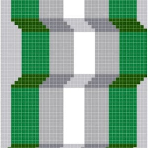 以下が含まれることがあります： 緑と灰色の正方形が交互に配置された抽象的な幾何学模様で、重なり合った形が視覚的に錯覚を起こしています。