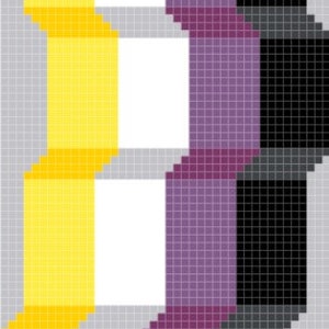 May include: A digital illustration of a flag with three vertical stripes. The stripes are yellow, purple, and black. The stripes are made up of small squares, creating a pixelated effect.