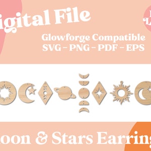 Moon Earrings SVG, Glowforge Laser Cut File, Earring SVG Bundel, Hemelse Sterren Sieraden, Maan fasen, Kosmisch, Ruimte, Zon, Saturnus, Planeten