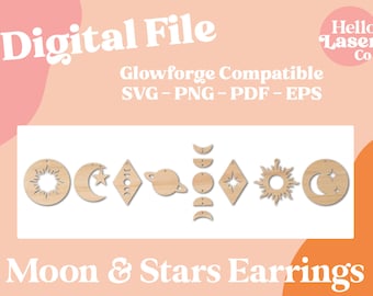 Moon Earrings SVG, Glowforge Laser Cut File, Earring SVG Bundle, Celestial Stars Jewelry, Moon phases, Cosmic, Space, Sun, Saturn, Planets