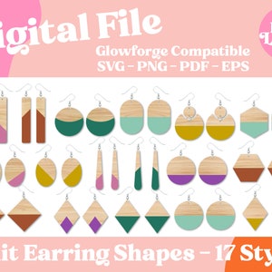 May include: A digital file download of 17 different split earring shapes. The shapes include circles, squares, rectangles, and hexagons. The earrings are in various colors, including green, purple, brown, and yellow.
