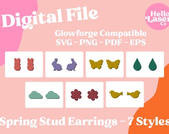 Stud Earring SVG File, Glowforge Laser Cut File, Easter Earrings, Spring Bundle SVGs, Bird Bunny Flower SVG, Digital Download
