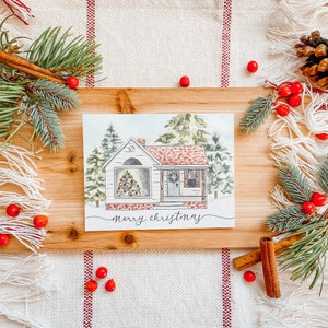 Kersthuisje kaart; 5-pack; Vrolijke kerstkaart; Aquarelkaart; Vakantie wenskaart; Kerstbomen; De Krans van Kerstmis