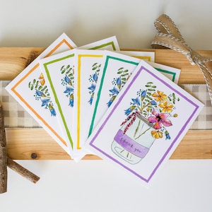Obrigado cartão; Pintado à mão; Pacote de 5; Aquarela; Projeto de flores silvestres; Variações laranja, roxo, verde, azul, amarelo