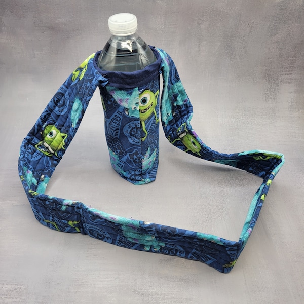 Blue Monster Theme Kids Size Water Bottle Holder with Padded Strap - Ideal for Travel and Outdoor Adventures