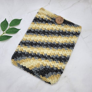 Handmade Crochet Tablet Sleeve: Grey & Tan Yarn with Wooden Button