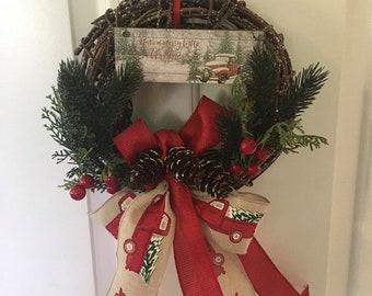 Red Pickup Truck Rattan Wreath - Merry Little Christmas - Pine cones and Red Canvas Ribbon