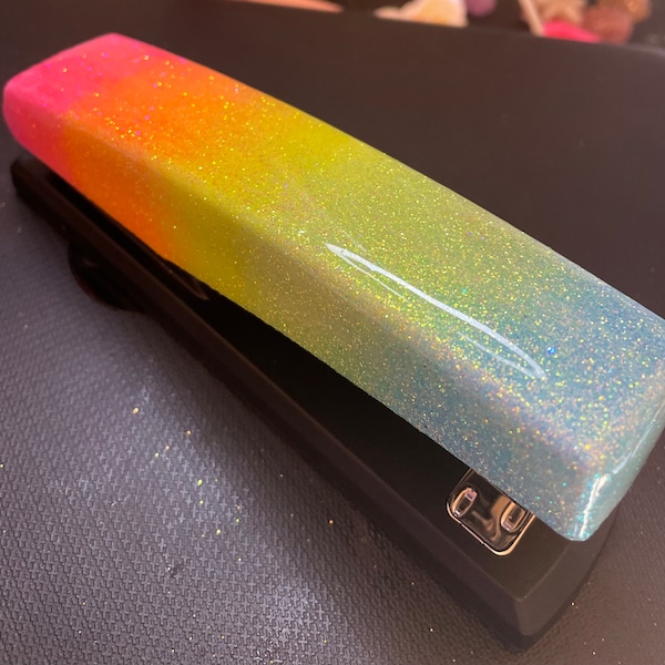 Custom stapler/tape dispenser/pen set, rainbow ombré