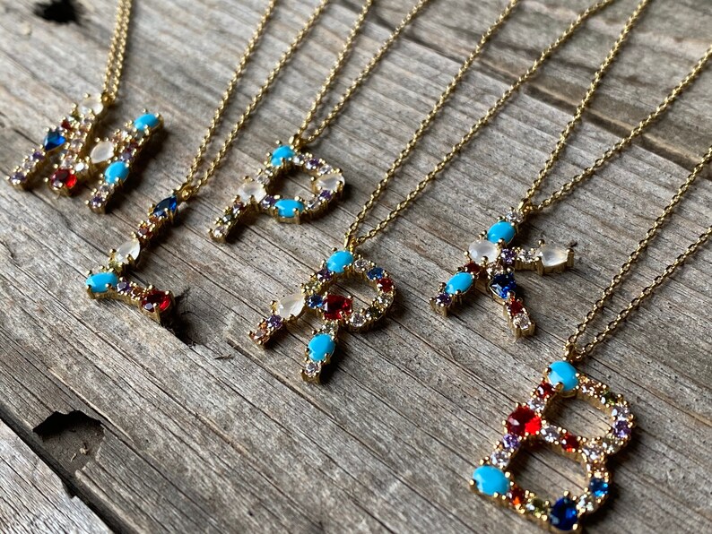Custom Multi Colored Stone Letter Necklace Jeweled Initial Etsy