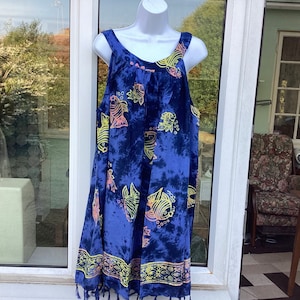 Blue Loose Viscose Dress, Tie Dye and Rainbow Batik Fishes, Oversize