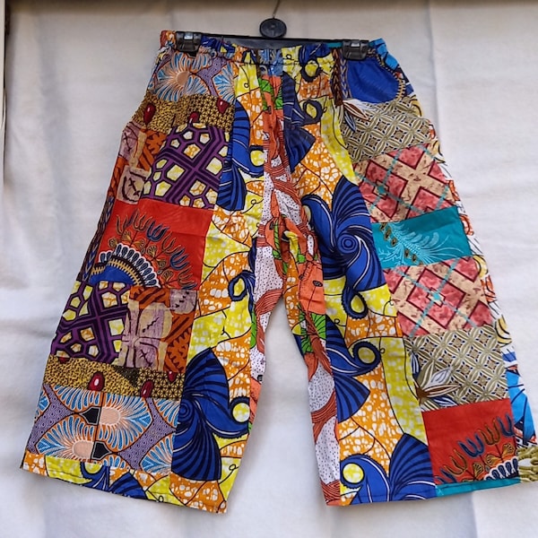 Boho African print, Multicoloured Patchwork Shorts, Below Knee Length, Ankara Cotton, UK Sizes, M, L, XL