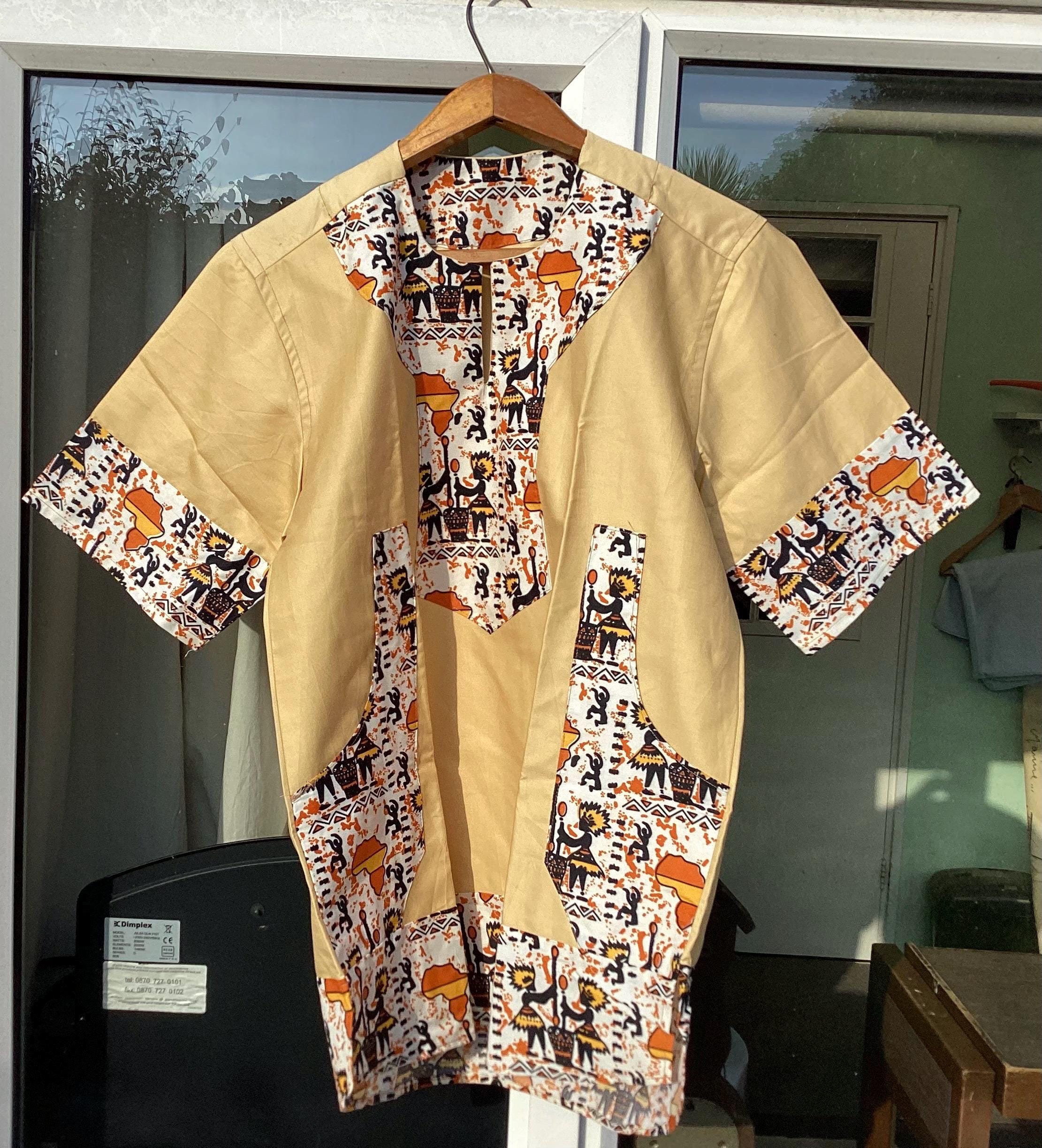Unisex Shirt / Tee Shirt 100% Cotton Assorted with Ankara Fabric Two Front pockets Breathable Elegant Comfortable Holidays Party UK size L
