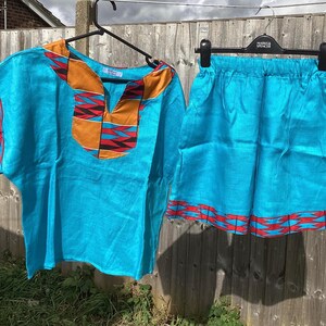Blue Loose Genuine Linen Crop Top assorted with Ankara and Short UK size: M/L