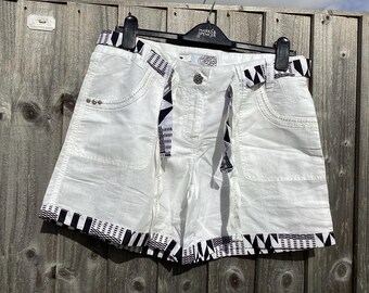 Linen Short High Waist, assorted with black and white Kente material UK size 12, two front and back pockets, holidays, Party Wear
