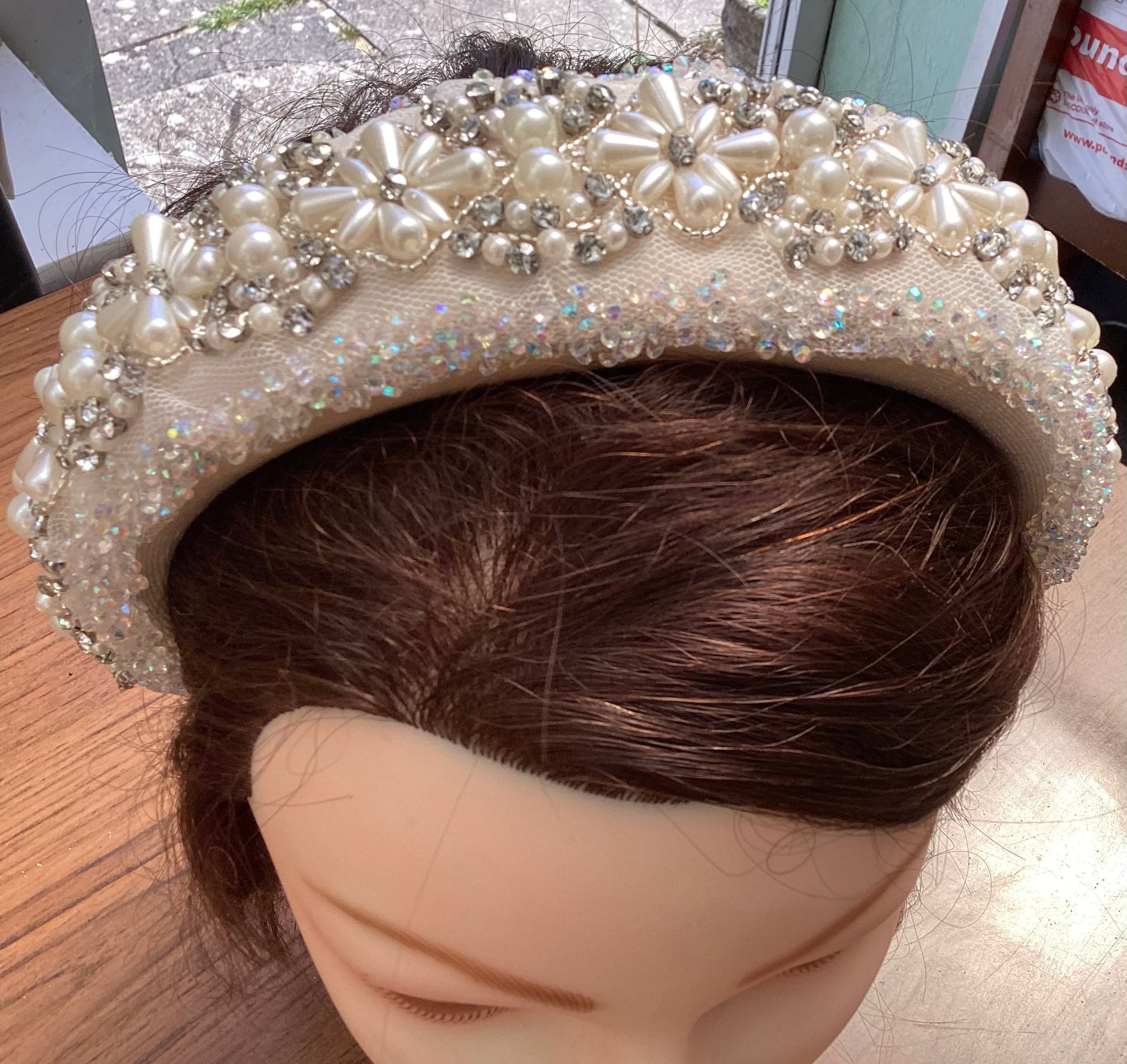 Cream Padded Crowned Headband with White Pearls and Rhinestones, Hair Jewellery, Headwear, Wedding, Celebration, Bridemaids
