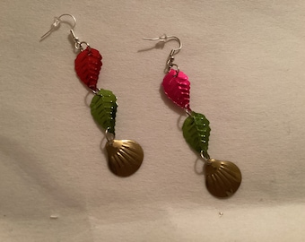 Red Emerald Green Leave Gold Shells  Earrings