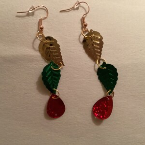 Gold Green Red Leave Dangle and Drop Christmas Earrings