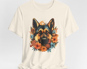 Chic German Shepherd Floral Tee | Unique Flower Adorned Dog | Shirt for Animal Enthusiasts | Ideal Canine Lover's Gift | Dog Lover Tees