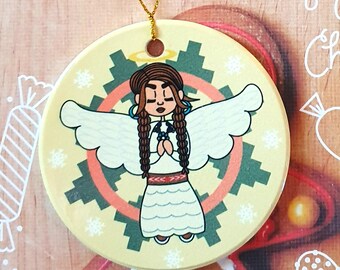 Angel w/Braids Christmas Ornament - 3" Round Ceramic